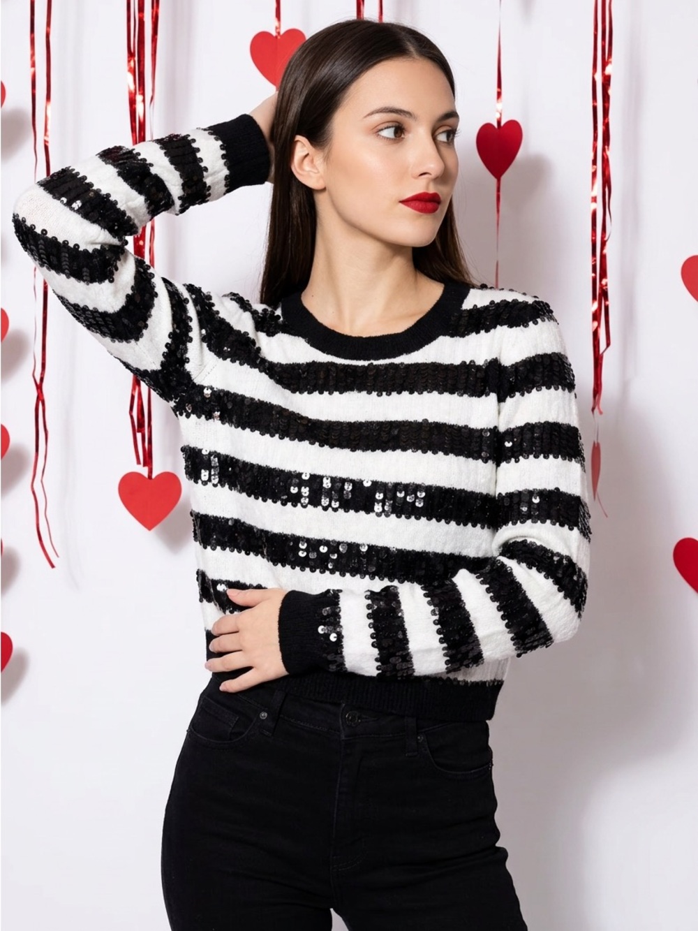 Lush Black & White Sequin Stripe Crewneck Sweater